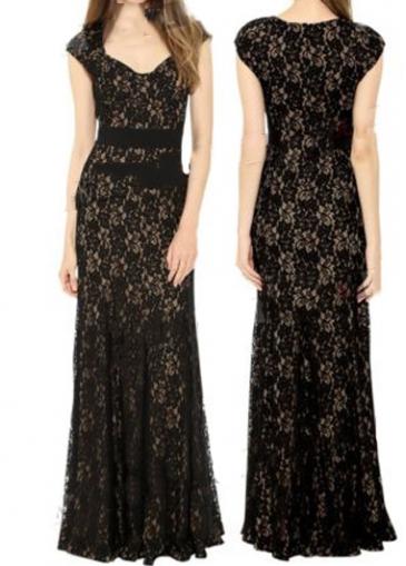 Rosewe Black Cap Sleeve Lace Crochet Maxi Dress