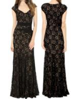 Rosewe Black Cap Sleeve Lace Crochet Maxi Dress