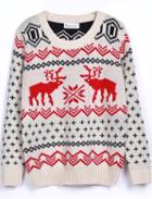Shein Beige Long Sleeve Deer Print Christmas Xmas Warm Nicest Loose Pullovers Sweater