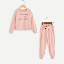 Shein Girls Letter Print Pullover & Tapered Pants Pj Set