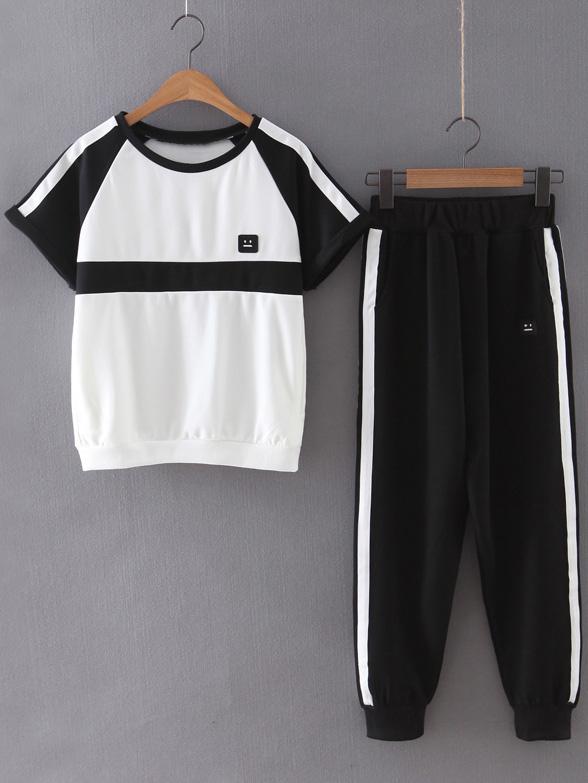Shein Black White Short Sleeve T-shirt With Pants Sportswear