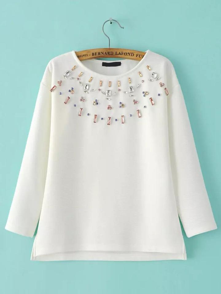 Shein White Rhinestone Embellished Slit Side Sweatshirt