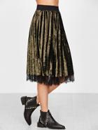 Shein Army Green Velvet Lace Trim Pleated Skirt