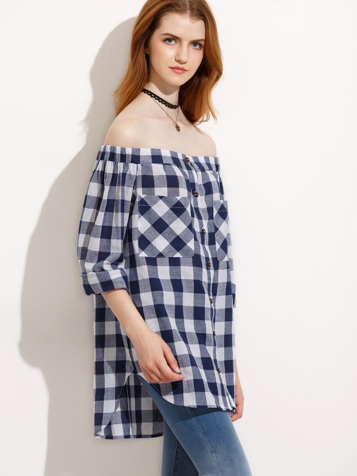 Shein Gingham Button Pocket Off The Shoulder Blouse