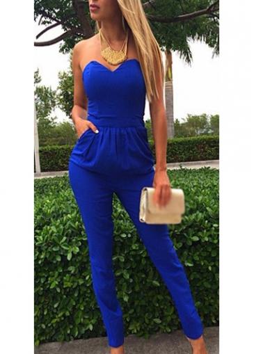 Rosewe Boat Neck Solid Blue Ankle Length Jumpsuit