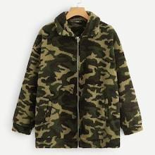Shein Plus Zip Up Camo Print Teddy Jacket