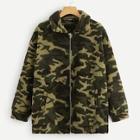 Shein Plus Zip Up Camo Print Teddy Jacket