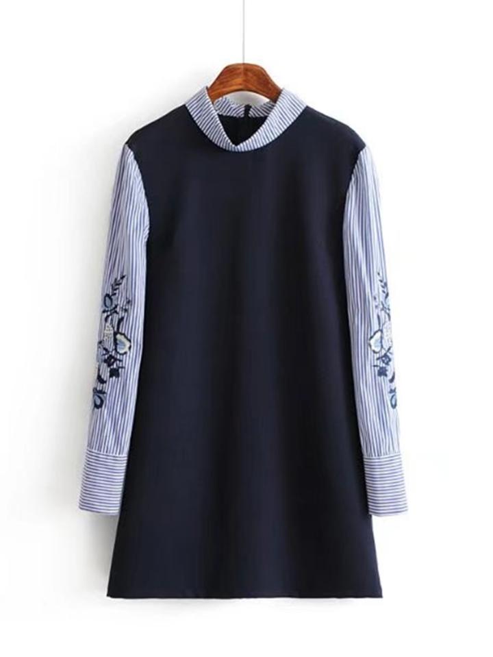 Shein Contrast Embroidered Stripe Sleeve Dress