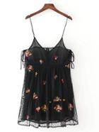 Shein Polka Dot Embroidery Lace Up Detail Lace Cami Dress