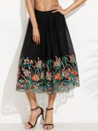 Shein Black Floral Embroidery Tape Flare Skirt