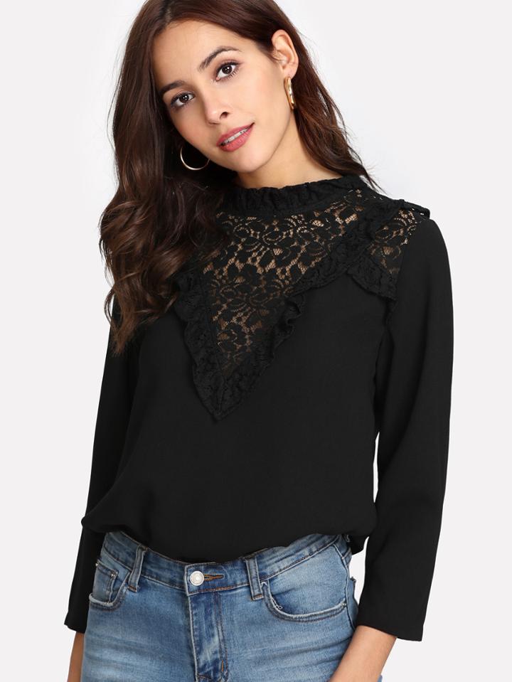 Shein Sheer Lace Neck Frilled Top