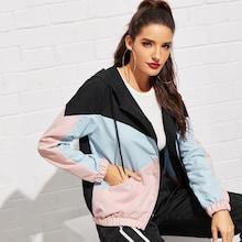 Shein Color Block Drawstring Detail Hooded Jacket