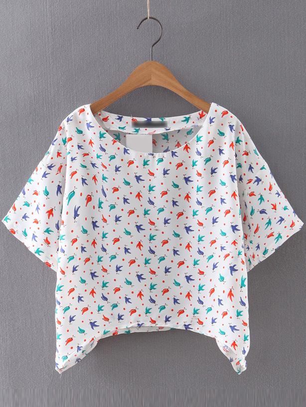 Shein White Short Sleeve Knit Birds Print Blouse
