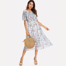 Shein Floral Print Ruffle Sleeve Dress