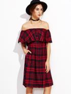 Shein Red Plaid Button Up Off The Shoulder Ruffle Dress