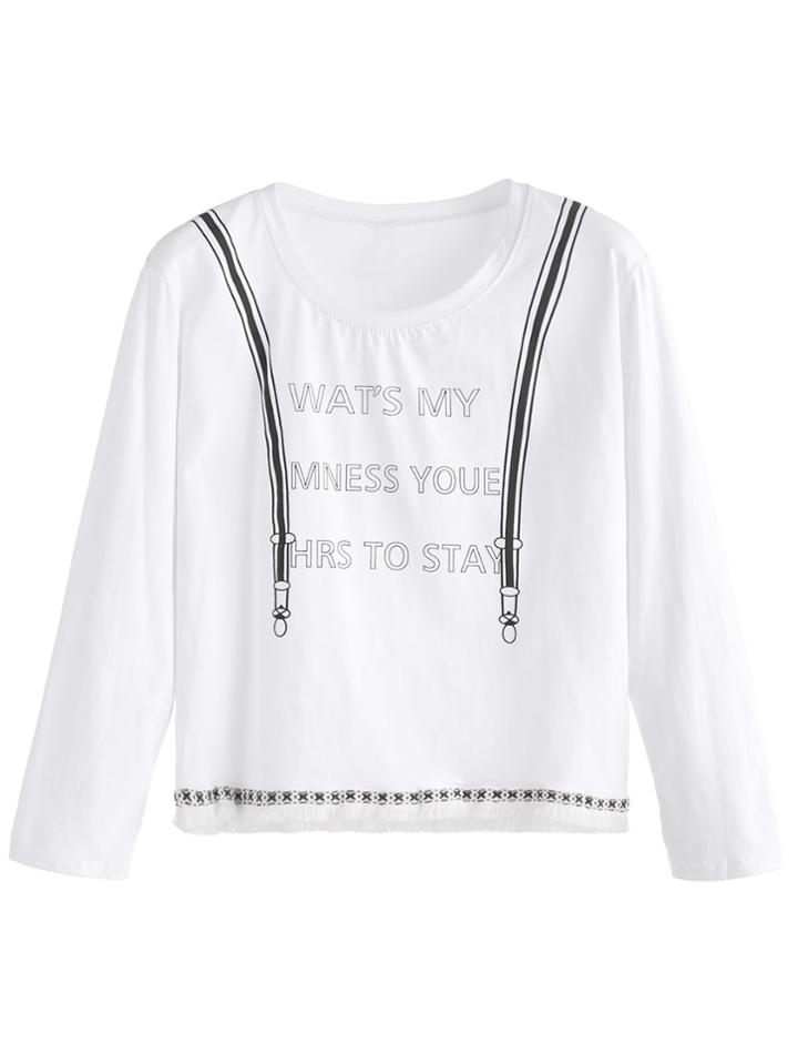 Shein White Slogan Print Embroidered Tape Detail Fringe T-shirt