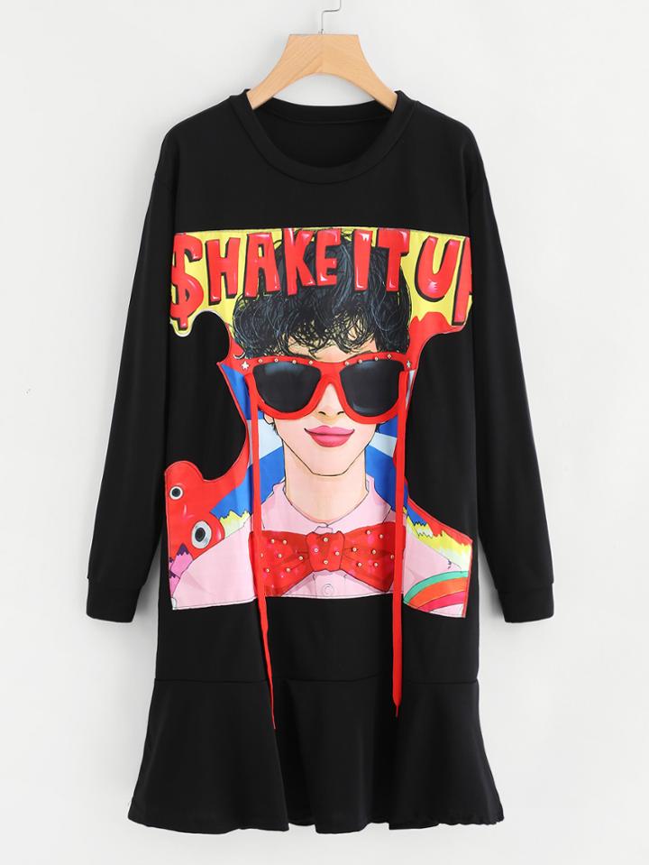 Shein Figure Print Flounce Hem Sweatshirt Dress