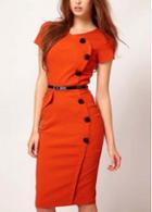 Rosewe Sheath Cotton Blend Button Decoration Short Sleeve Orange Dress