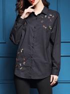 Shein Black Lapel Animals Embroidered High Low Blouse
