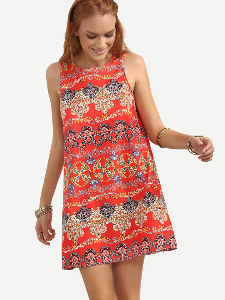 Shein Red Vintage Pattern Print Tank Dress