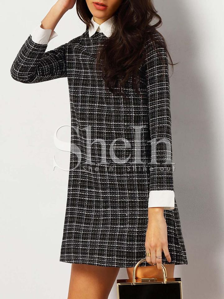 Shein Black Plaid Contrast Collar And Cuff Tweed Dress