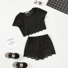Shein Girls Cut Out Eyelet Scallop Trim Top & Shorts Set