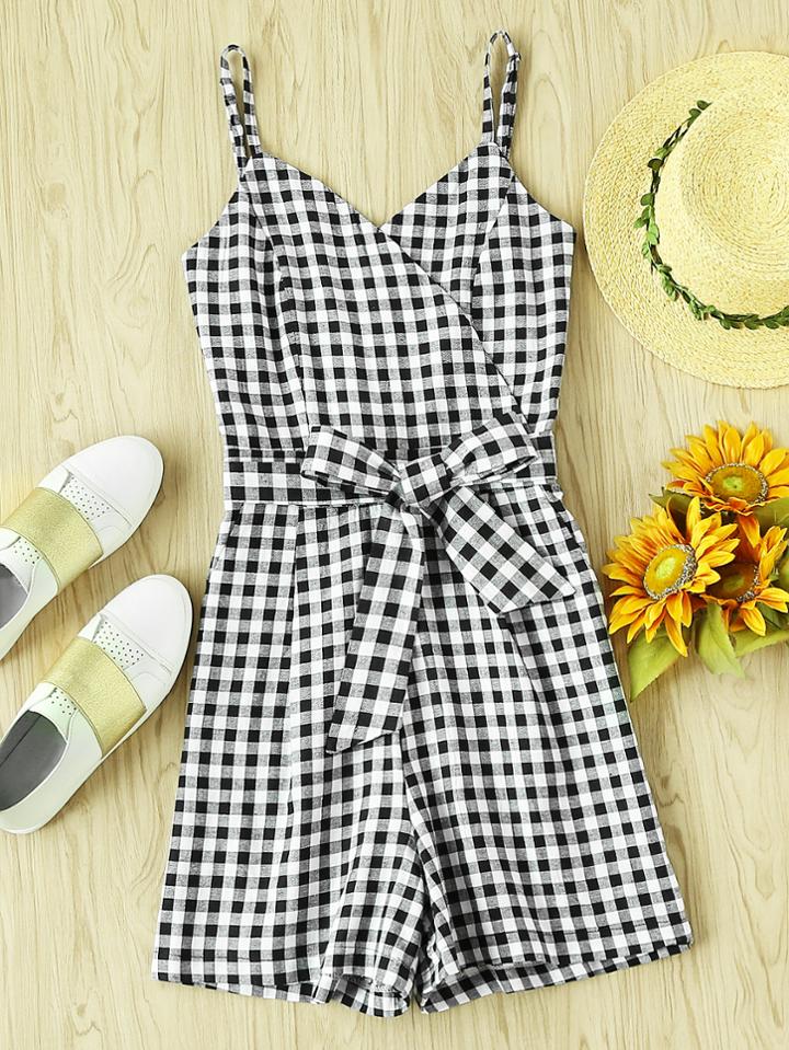 Shein Wrap Bow Tie Front Checked Cami Romper