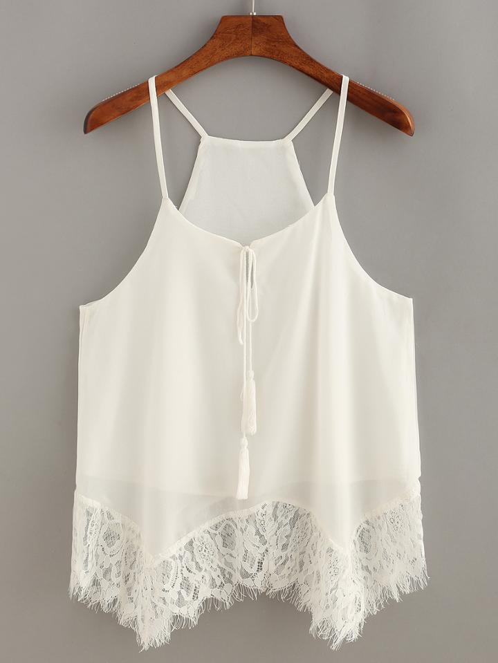 Shein Lace Trimmed Tassel-tie Neck Cami Top