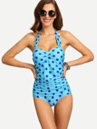 Shein Ruched Polka Dot Print One-piece Swimwear - Sky Blue