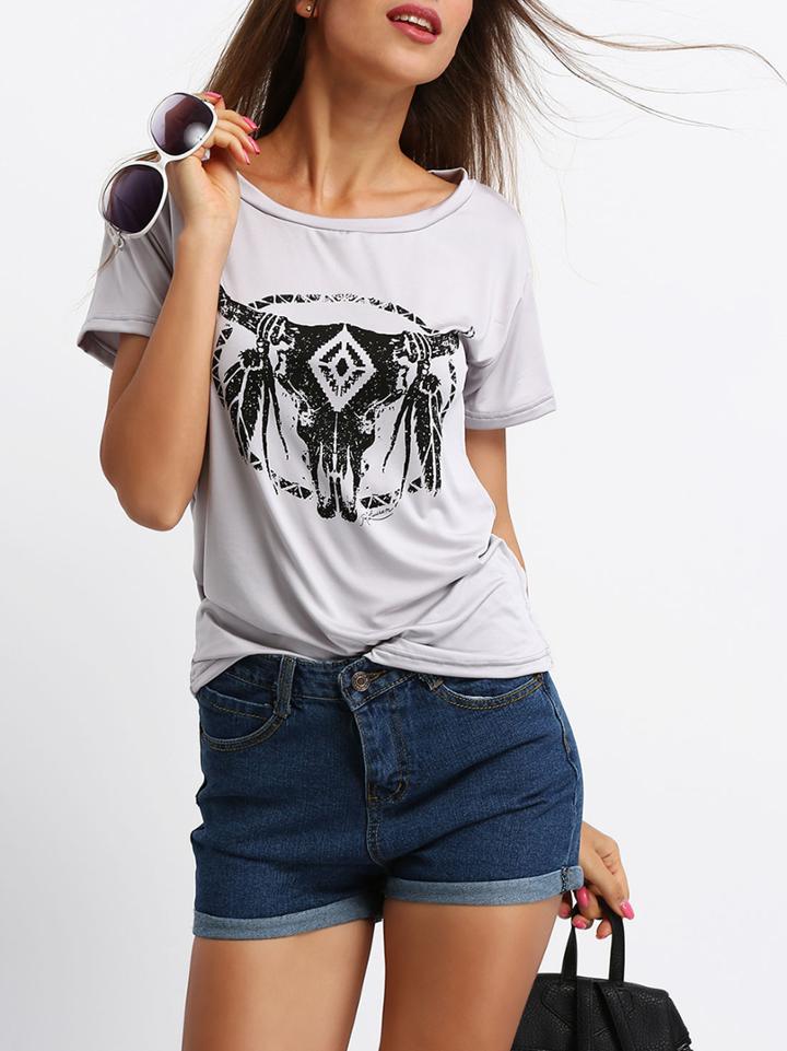 Shein Grey Short Sleeve Sheep Print T-shirt