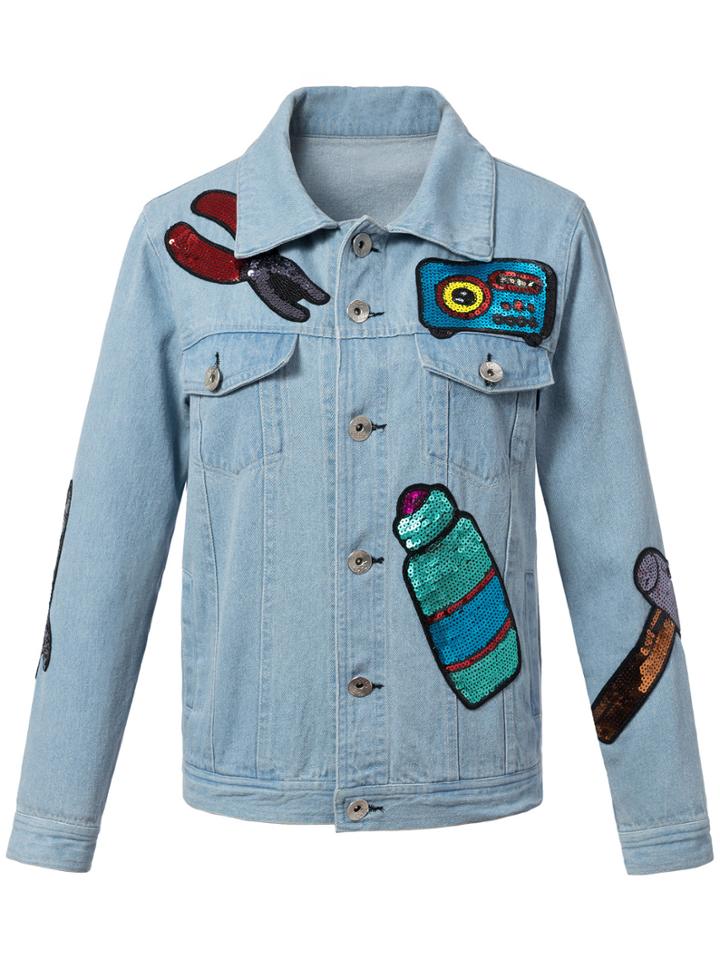Shein Blue Pockets Buttons Front Sequined Denim Jacket