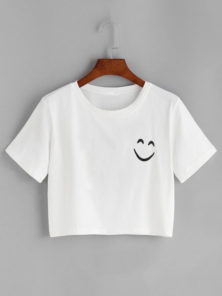 Shein Smile Print Drop Shoulder Crop T-shirt