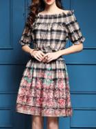 Shein Khaki Elastic-waist Plaid Embroidered Dress