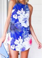 Rosewe Flower Print Blue Asymmetric Spaghetti Strap Dress