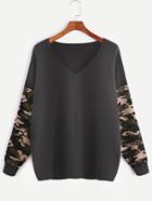 Shein Black V Neck Camo Sleeve Jersey Sweater