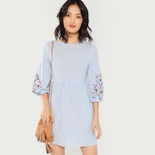Shein Embroidered Lantern Sleeve Striped Dress