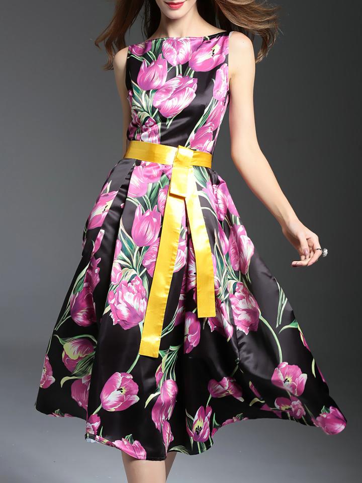 Shein Black Sleeveless Flowers Print Tie-waist Dress