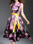 Shein Black Sleeveless Flowers Print Tie-waist Dress