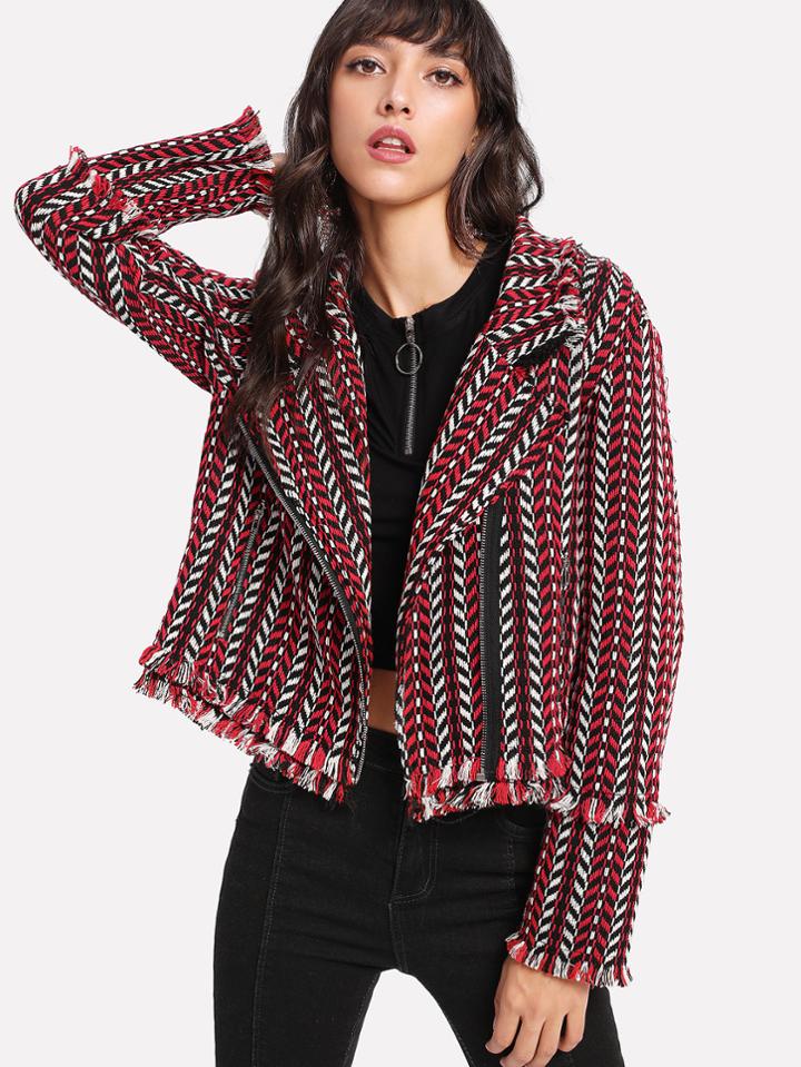 Shein Frayed Trim Asymmetric Zip Tweed Jacket