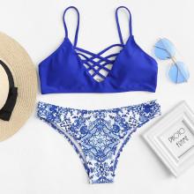 Shein Plus Caged Neck Porcelain Print Bikini Set