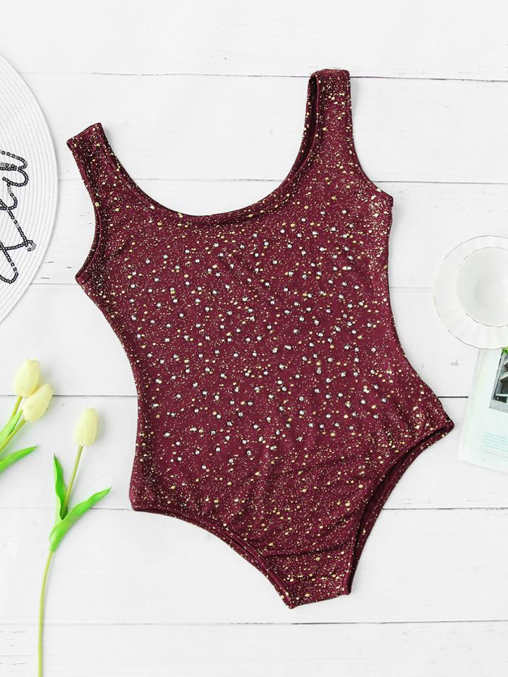 Shein Rhinestone Overlay Dot Print Swimsuit