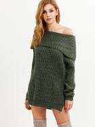 Shein Olive Green Fold Bardot Side Slit Sweater