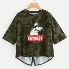 Shein Dog Print Camo Asymmetric Hem Tee