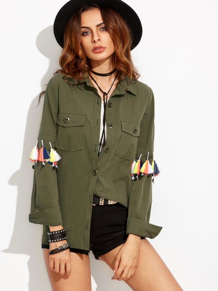 Shein Army Green Long Sleeve Pockets Tassel Outerwear