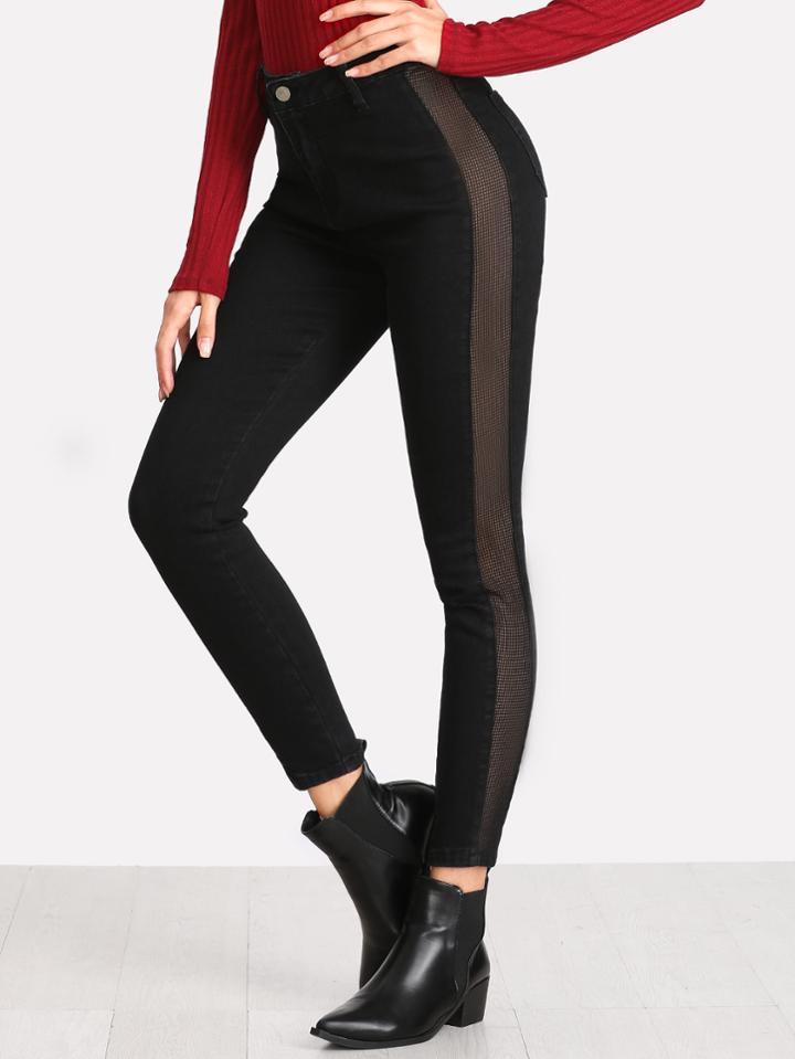 Shein Eyelet Mesh Panel Skinny Jeans