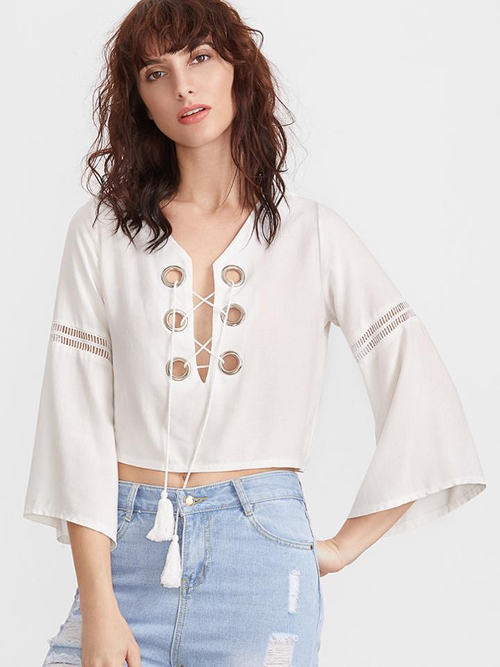 Shein White V Neck Eyelet Lace Up Fringe Blouse