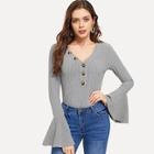 Shein Button Front V-neck Bell Sleeve Tee