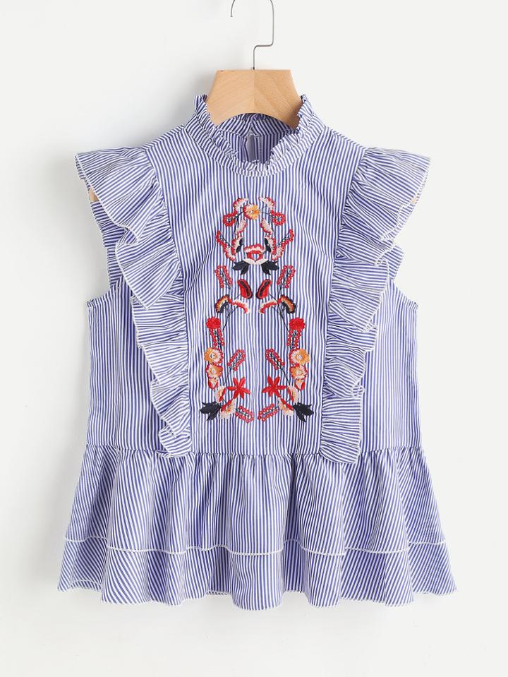 Shein Symmetric Embroidery Frill Trim Blouse
