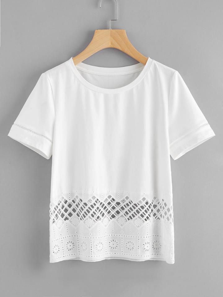 Shein Eyelet Embroidered Hem Mixed Media Tee