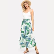 Shein Leaf Print Tie Waist Split Skirt